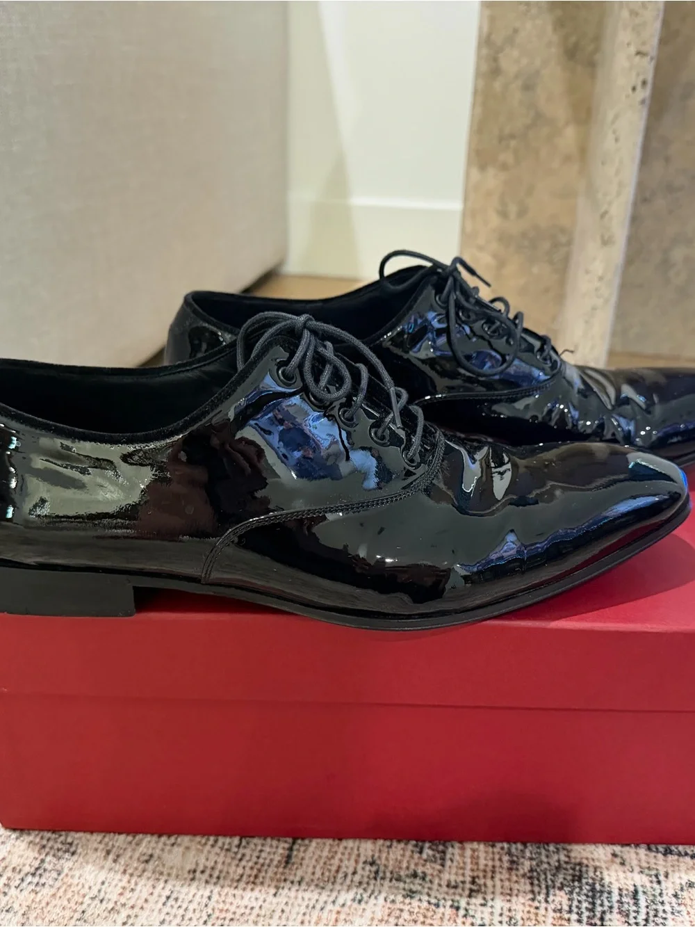 Salvatore Ferragamo Black Patent Leather Lace-Up Oxfords